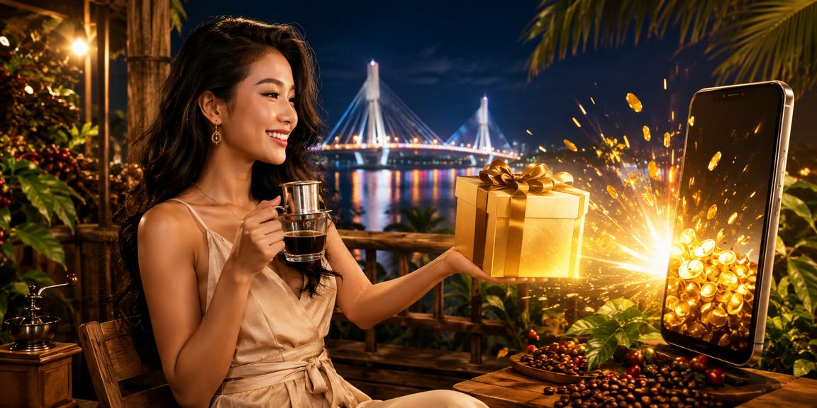 Người dùng Cần Thơ thư giãn cà phê buổi sáng và kiểm tra cấp VIP trên ứng dụng di động