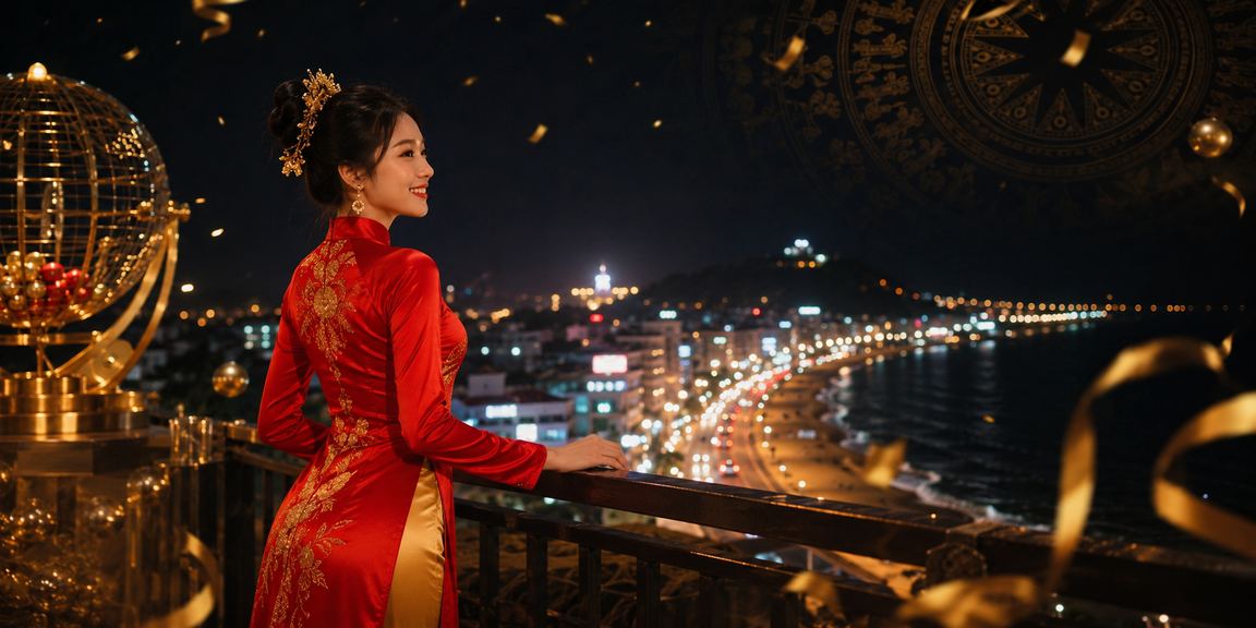 Người phụ nữ mặc áo dài tại Phan Thiết xem thông tin xổ số và khuyến mãi trực tuyến trên điện thoại