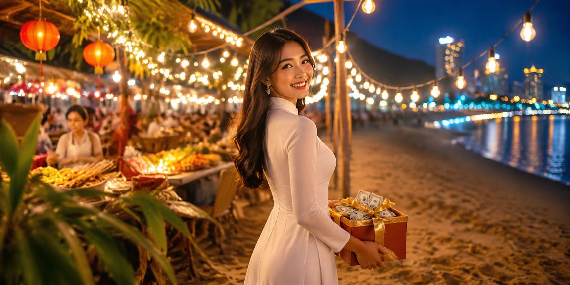 Cô gái mặc áo dài tại Vũng Tàu sử dụng điện thoại xem ưu đãi cá cược trực tuyến bên bờ biển